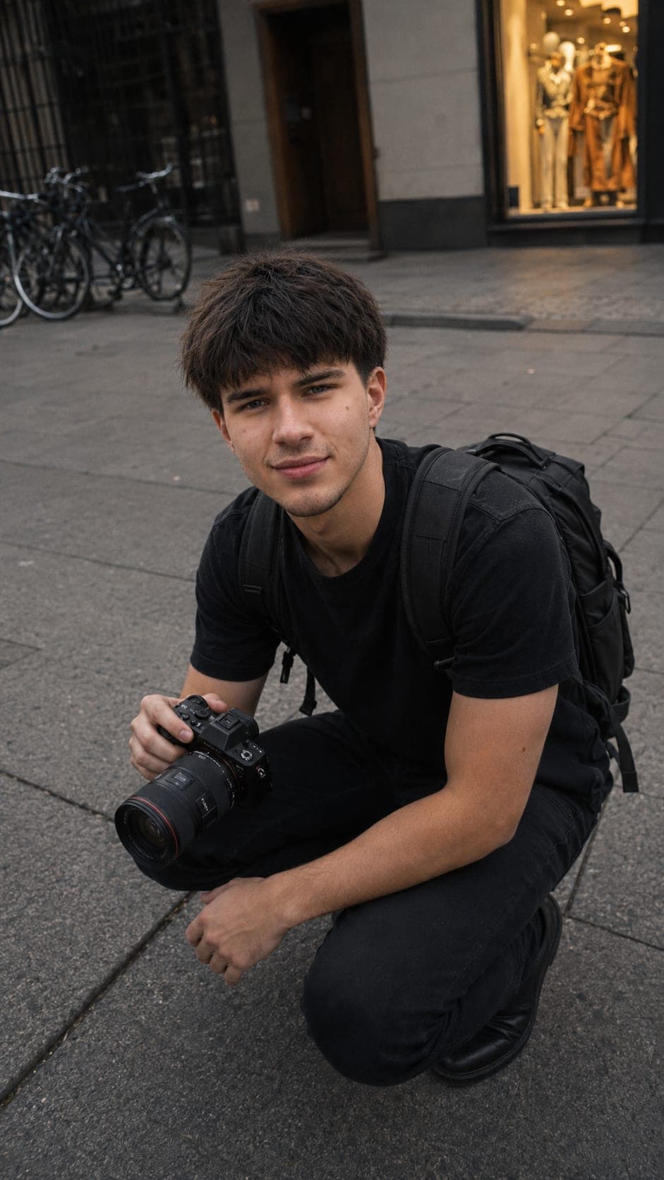 Fotografas Timas su kamera Vilniaus senamiestyje
